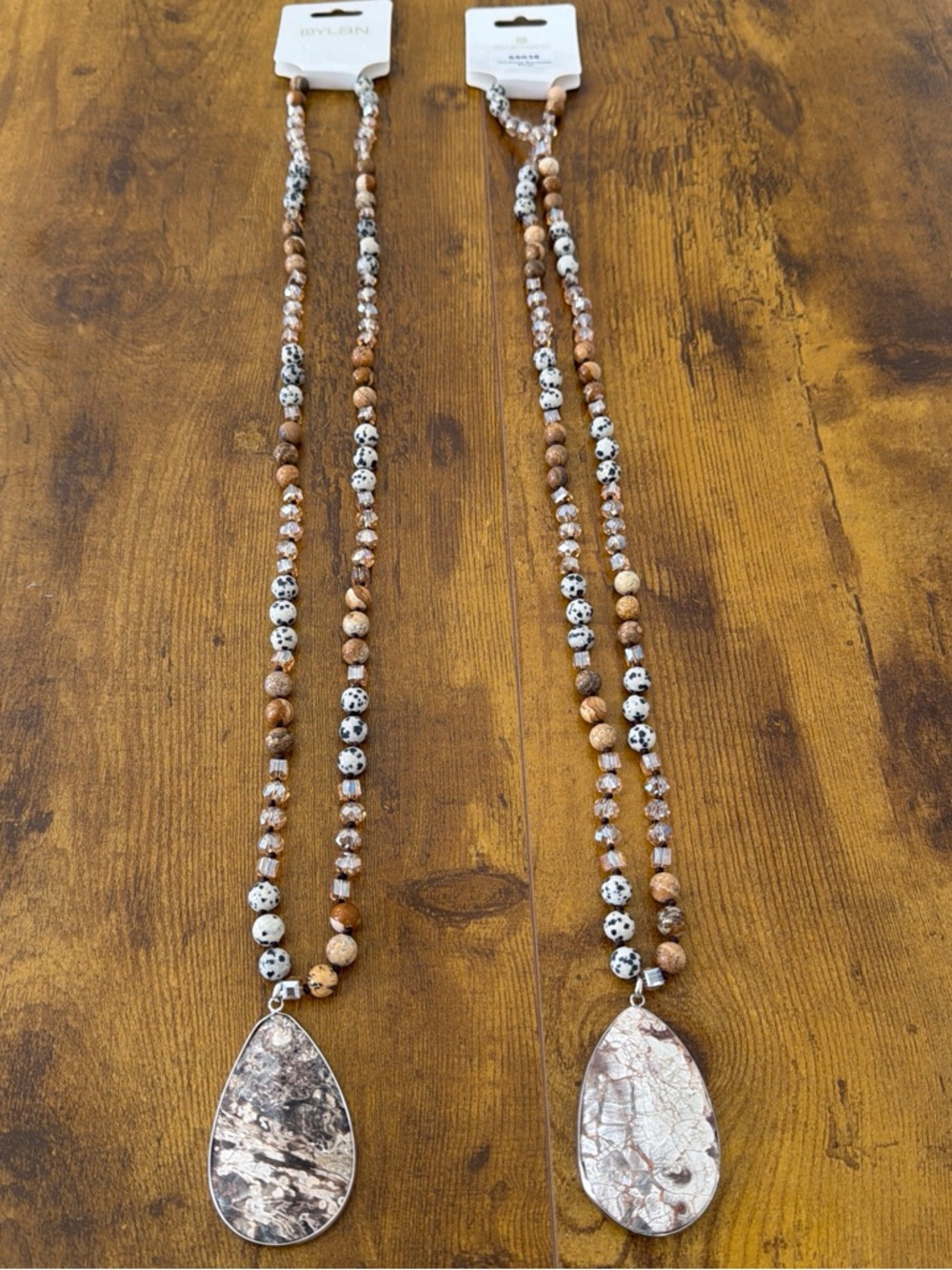 Dylan Rochelle Long Beaded Dalmatian Jasper Natural Stone Pendant Necklace NWT